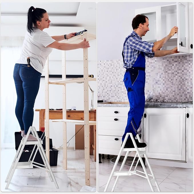 DIAMONDFORGE 2 Step Ladder, Lightweight Folding Step with Wide Anti-Slip Pedal & Feet, 330 lbs Capacity，Sturdy Steel Step Ladder for Home,Kitchen and Office, White