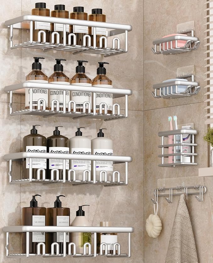 8 Pack Adhesive Rustproof Shower Caddy with Soap Dishes, Toothbrush Holder & Hooks, Large Capacity No-Drilling Shower Shelves Rack for Bathroom Organizers and Storage Accessories, Silver