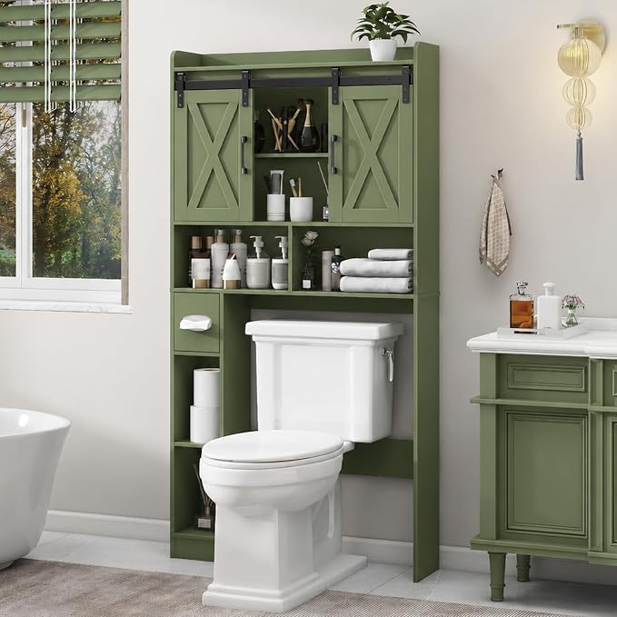 Vabches Over The Toilet Storage Cabinet, Farmhouse Storage Cabinet Over Toilet with Sliding Doors，Home Space-Saving Toilet Rack, for Bathroom, Restroom, Laundry, Green