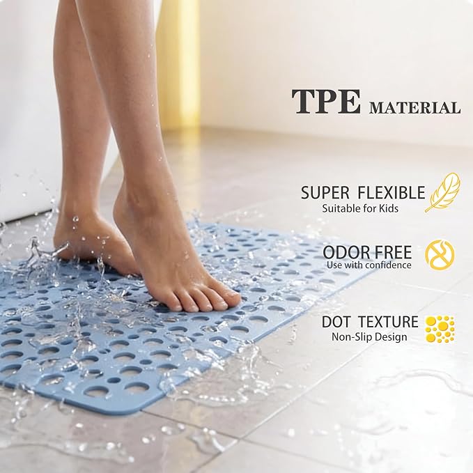 Bath Tub Shower Mat, Extra Soft Long Bath Mat Non-Slip with Suction Cups, TPE Bath Mat for Kids, Machine Washable Bathroom Mat (Blue, 35 x 16 Inch)