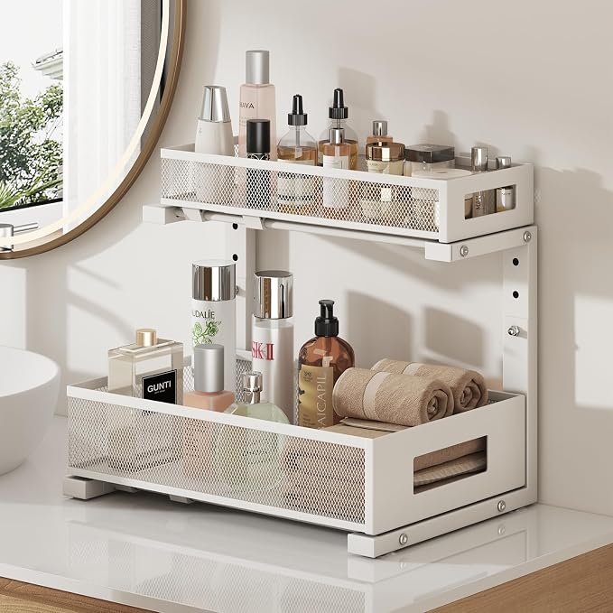 1 Pack-11.4"-16.14"H Under Sink Storage Organizer, Large 2-Tier Elegant Mesh Pull Out Shelf for Kitchen and Bathroom Cabinet Organization, L-Shaped and Adjustable Height Design for Maximum Space-White