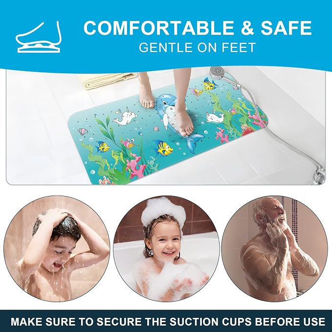 XIYUNTE Baby Bath Mat for Tub Non Slip Kids Bath Mat - 40''x16'' Extra Long Cartoon Bathtub Mat Non Slip Kids Shower Mat Eco-Friendly Toddler Bath Mats with Suction Cups, Machine Washable