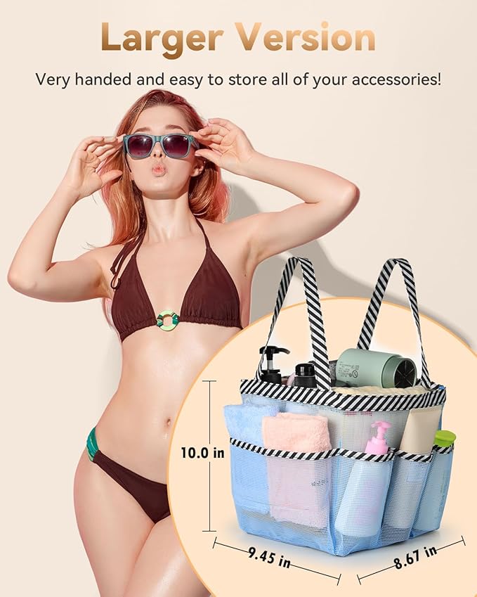 Temede Mesh Shower Caddy Tote, Large Shower Caddy Basket Portable, Quick Dry Hanging Toiletry Bag, 8 Storage Pocket Bath Organizer for College Dorm Room, Gym, Bathroom, Camp, Travel (Blue)