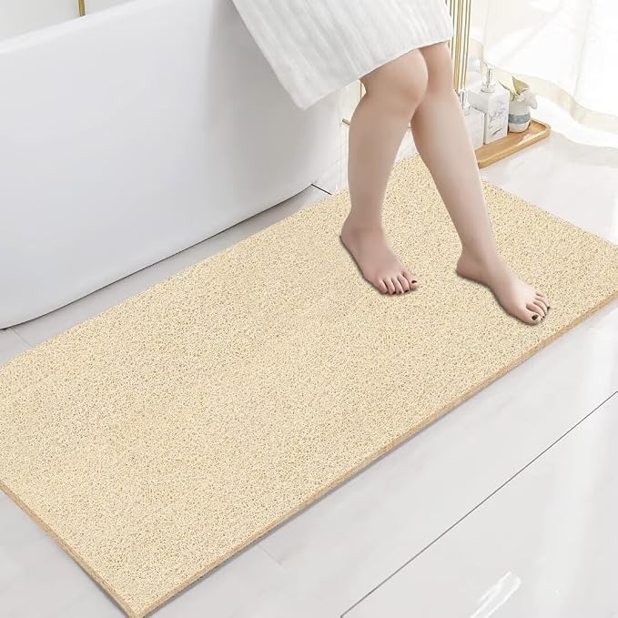 godehone Shower Mats Non Slip Without Suction Cups, PVC Loofah Bathroom Mats, Loofah Mats for Shower and Bathroom, Quick Drying, 17.1× 59 Inch, Beige
