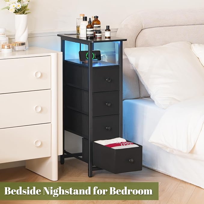 Yoobure LED Narrow Nightstand with Charging Station - Slim Dresser for Bedroom Narrow Side Table Storage Cabinet, Small Dressers Chest of Drawers, Tall Skinny Night Stand End Table for Small Spaces