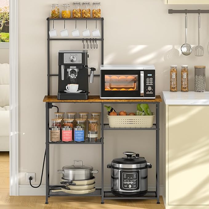 3IngSeagulls Bakers Rack with Power Outlet, Kitchen Microwave Stand with 10 S-shaped Hooks, 6-Tier Coffee Bar Station, Kitchen Storage Shelf Rack for Spices, Pots, Rustic Brown
