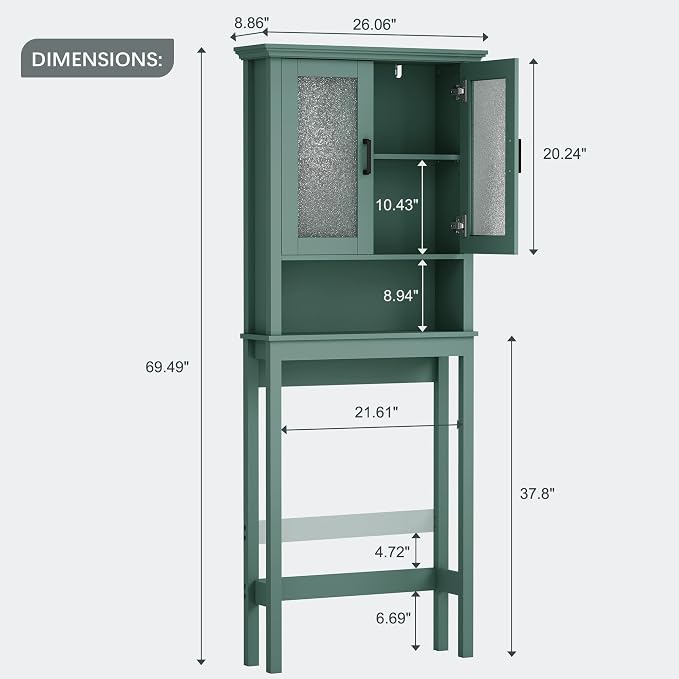 Over The Toilet Storage Cabinet, Over Toilet Bathroom Organizer with Glass Doors and Adjustable Shelf, Thicken Frame Above Toilet Storage Cabinet Behind Toilet Bathroom Organizer, Halcyon Green