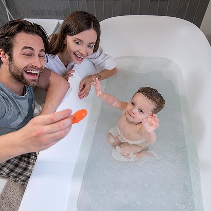 ROSMARUS Shower Mat Extra Long 16” x 39” Non-Slip Bath Mat for Tub with Suction Cups and Drain Holes Bathtub Mats for Kids, Baby, Bathroom Shower Floor Mat Anti Slip Bathtub Accessories, Clear