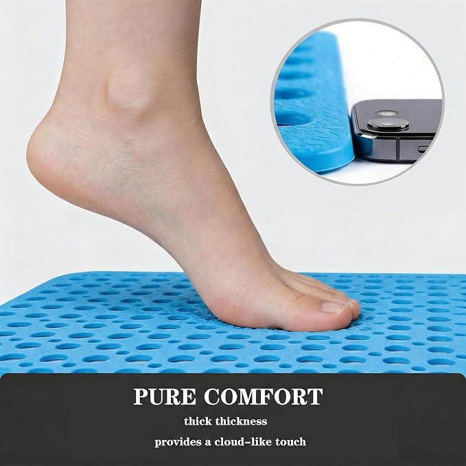 Nonslip Bath Tub Shower Mat with Suction Cups, Extra Soft TPE Bath Mat for Kids, Bathtub Bathroom Mats, Machine Washable, Smooth/Non-Textured Tubs Only, 35L x 16W Inch(Lake Blue)