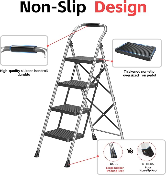 Step Ladder Foldable Folding Stool - for Home Adults Kitchen 4 Stepping Extension Tall Heavy Duty with Handrails - Closet Stepstool Stair Ladders Extendable Stepladder for Indoor House 600Lbs