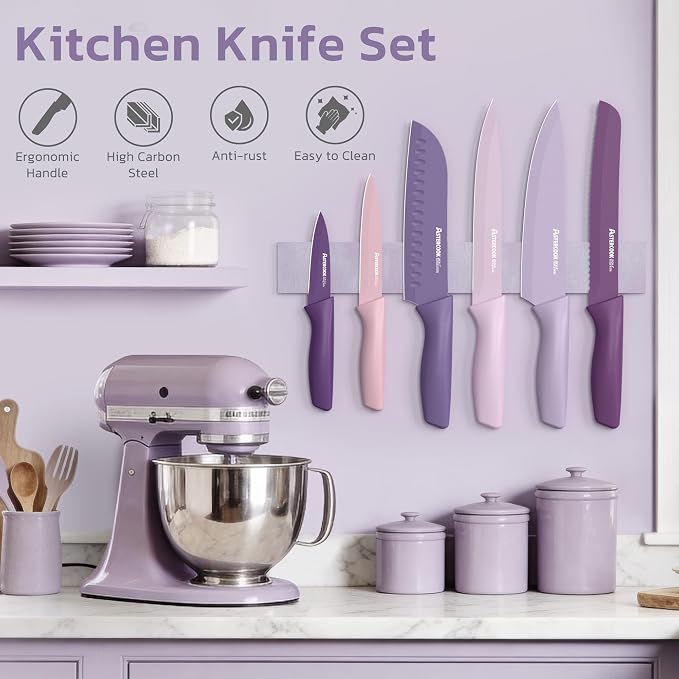 Astercook Knife Set, 13 Pieces Kitchen Knives Set with Healthy Anti-Rust Coating, Dishwasher Safe, Stainless Steel Chef Knife Sets with 6 Blade Guards, Fathers Day Gift for Men