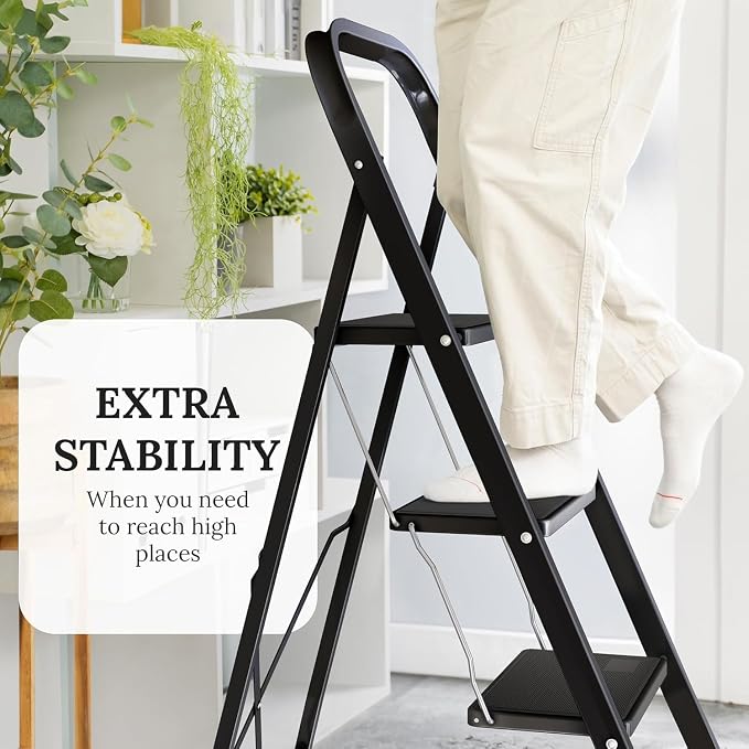 3-Step Ladder with Wide Anti-Slip Platform & Thick Rubber Feet | Heavy Duty Foldable & Portable | 330 lbs Capacity, Steel Frame, Rubber Handgrip, Folding Step Stool