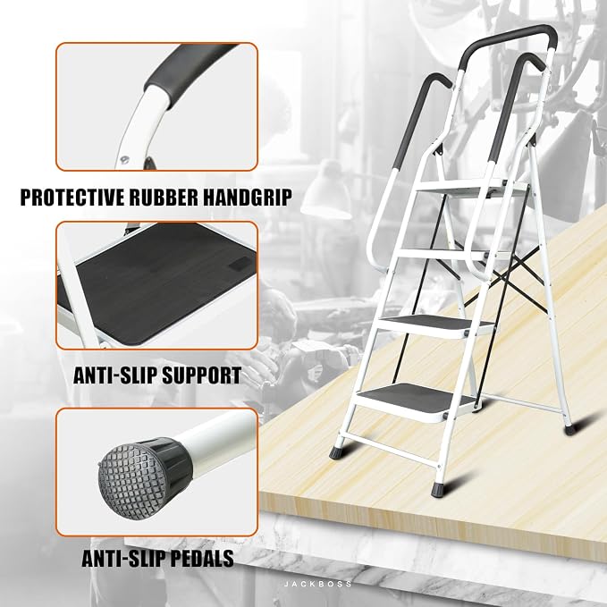 Jack Boss 4 Step Ladder, Requires Simple Installation, Folding Lightweight Step Stool with Handrails and Wide Anti-Slip Pedal for Home, Kitchen and Garage, Service Height 37.8 inch, 400 lbs Capacity