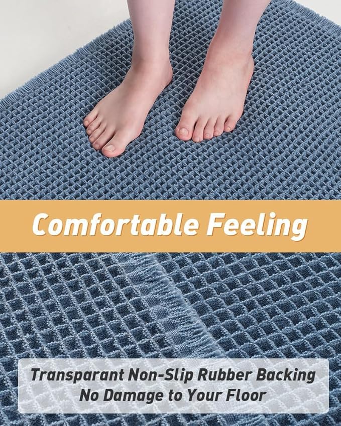 AMOAMI Upgraded Waffle Runner Rug Super Absorbent Non Slip Bath Mats for Bathroom Floor Washable Bathroom Runner Rug with Tassels, Ideal for Hallway Bedroom Laundry Room, Blue, 2' x 4'(24" x 48")