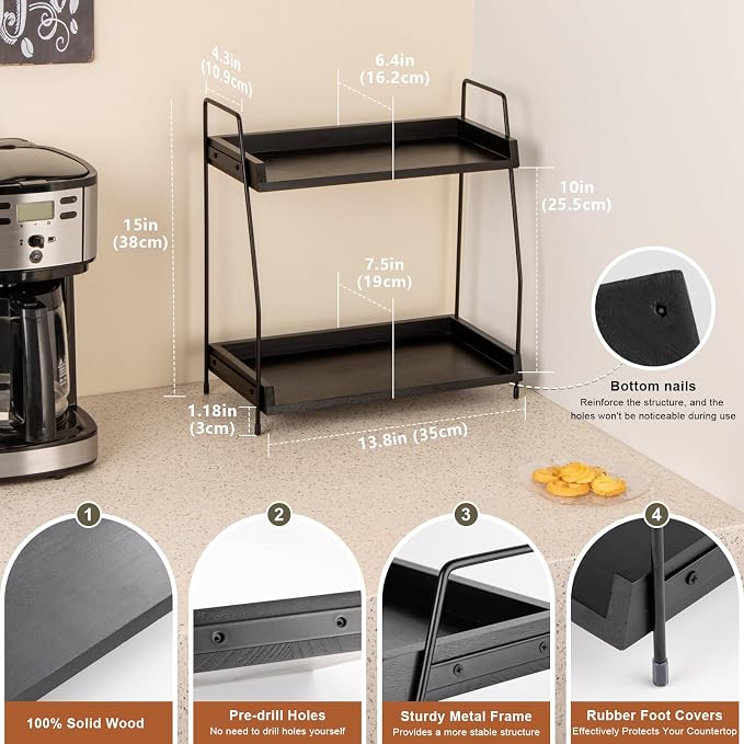 ANBOXIT 2-Tier Coffee Station Organizer, Wooden Kitchen Counter Shelf - Black