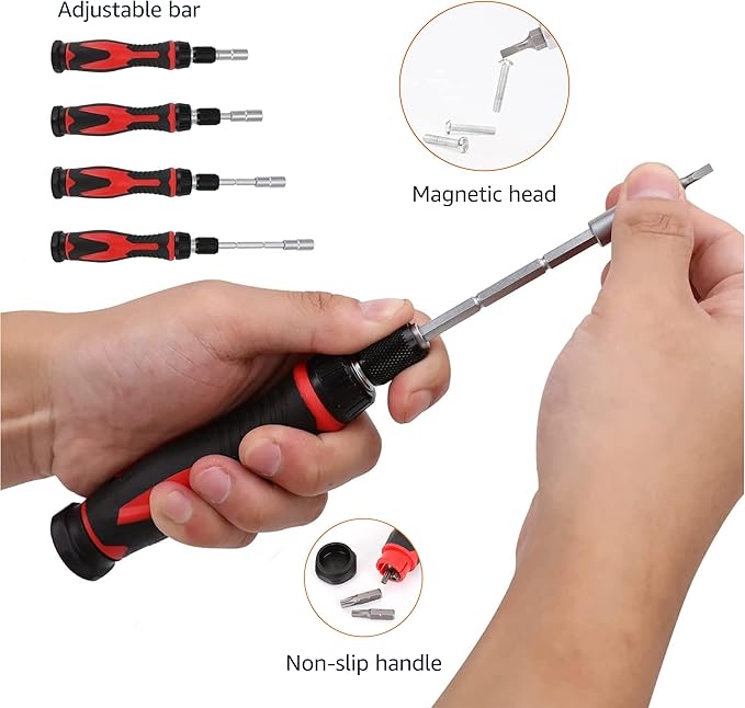 Amazon Basics Magnetic Ratcheting Wrench and Electronics Precision Screwdriver Tool Set, 73-Piece, with Carry Case for Household Repair, Small Jobs, Eyeglasses, Black/Red/Silver
