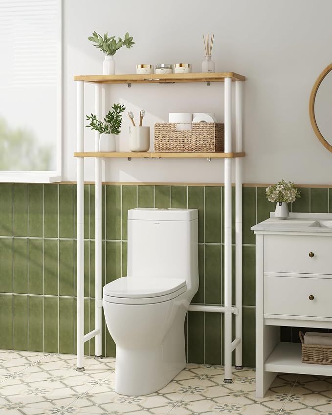 LiSHELF Bamboo Over The Toilet Storage Shelf 2-Tier Bathroom Organizer Rack Freestanding Above Toilet Shelves Space Saver for Small Bathroom, Laundry, White