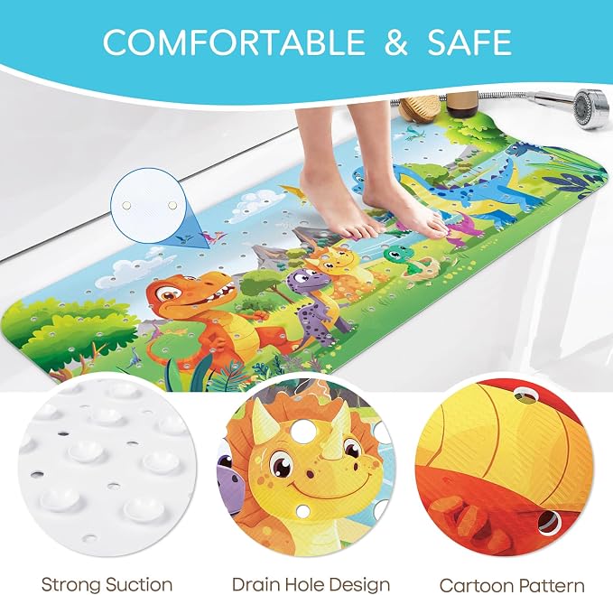 SHUCHING Baby Dinosaur Bath Mat for Tub Non Slip-40 X 16 Inch, Bathtub Mat Non Slip for Kids Baby, Toddler Long Shower Mat for Bathroom Mold Free, Machine Washable