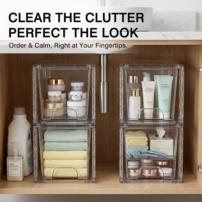 Bathroom Organizers and Storage Boxes 4pack, 7in Stackable Storage Drawers Plastic Simply Assembled Containers Bins Suitable for Cosmetics, Bathroom, Kitchen, Cabinets, and Snack Storage Boxes