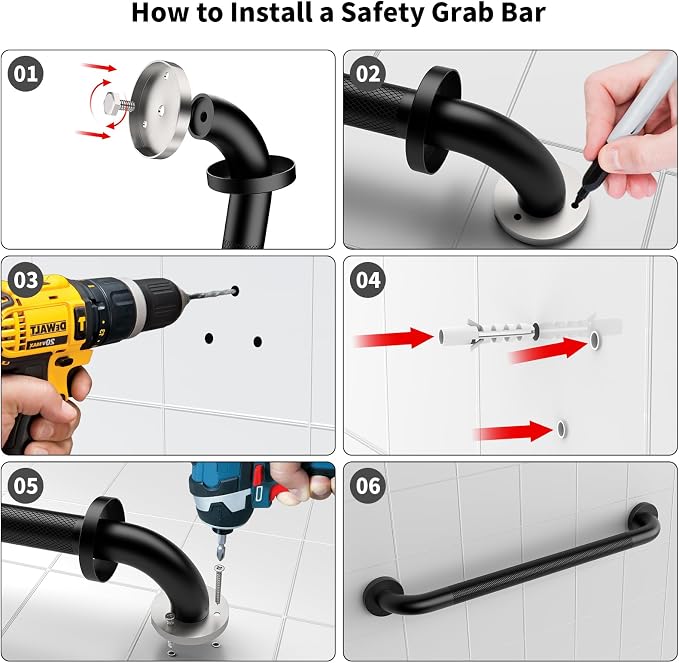 Matte Black Grab Bar 24 Inch, iHansee Anti-Slip Bathroom Grab Bar w/Knurled Texture Grip, Stainless Steel Safety Handrail for Toilet Bathtub, Wall-Mount Shower Handle Handicap Bars for Senior Elderly