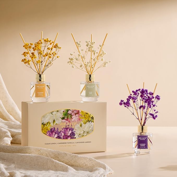 Airkeep Reed Diffuser Set of 3,Clean Linen Cashmere Vanilla Lavender Garden Oil Reed Diffusers for Bedroom Living Room Office Aromatherapy Oil Reed Diffuser for Gift 50ml x 3