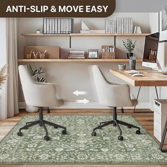 48"x72" Office Chair Mat for Hardwood Tile Floor, Under Desk Carpet Protector for Rolling Computer Chair Mat, Machine Washable Area Rug, Anti-Slip 1/5" Thick Low Pile Thin Vinyl Floor Mat, Sage