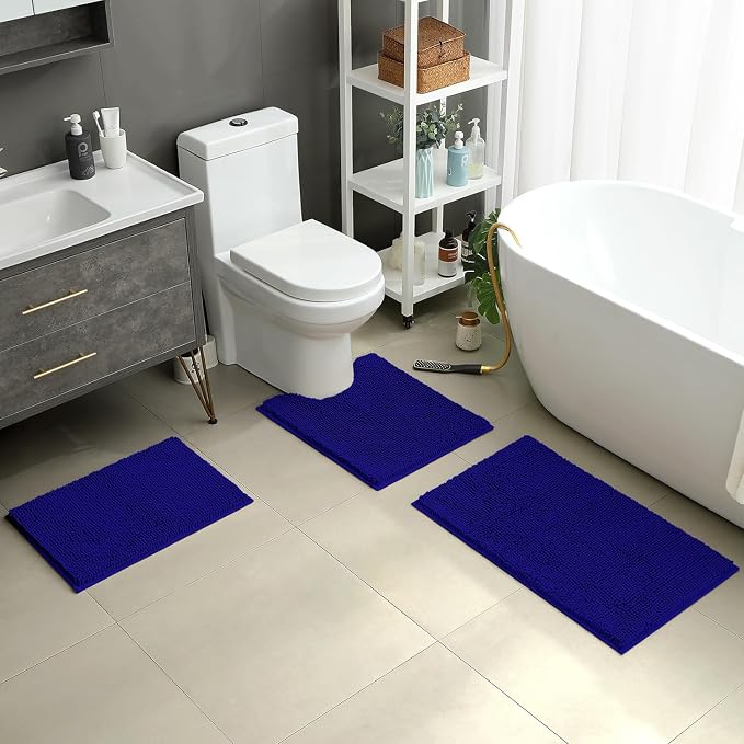 HOMEIDEAS 3 Pieces Bathroom Rugs, Ultra Soft Non Slip Absorbent Chenille Toilet Bath Mat Set (Royal Blue)