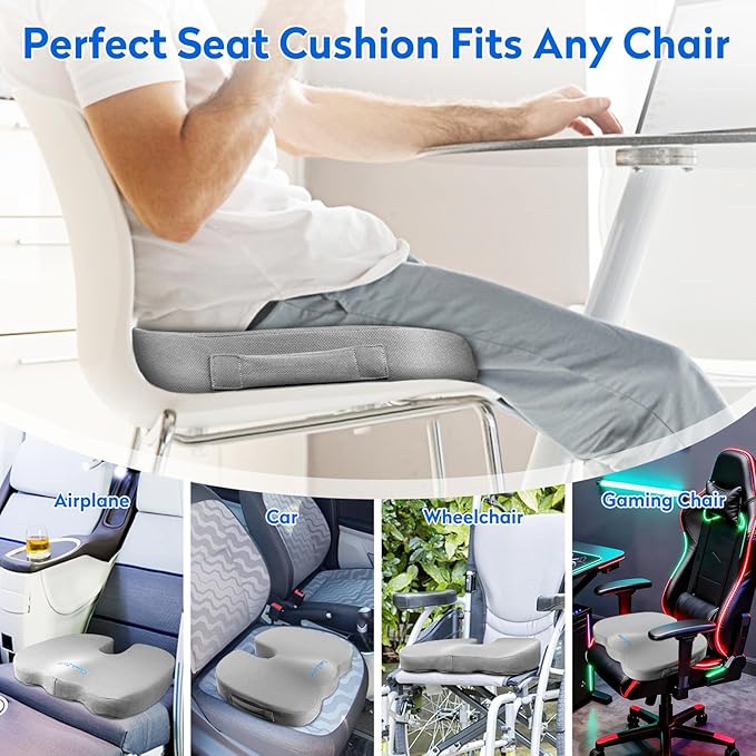 CushZone Seat Cushion, Office Chair Cushions, Car Seat Cushion, Non-Slip Sciatica & Back Coccyx Tailbone Pain Relief Chair Pad, Memory Foam(Light Grey)