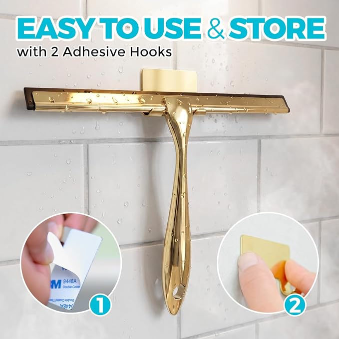 ALFLOD 2PACK 12-Inch Golden All-Purpose Shower Squeegee for Shower Doors, Bath Linen Sets, Tile Shower Walls, Bathroom, Window, Glass and Car Windshield, Mirrors and Kitchen-Stainless Steel
