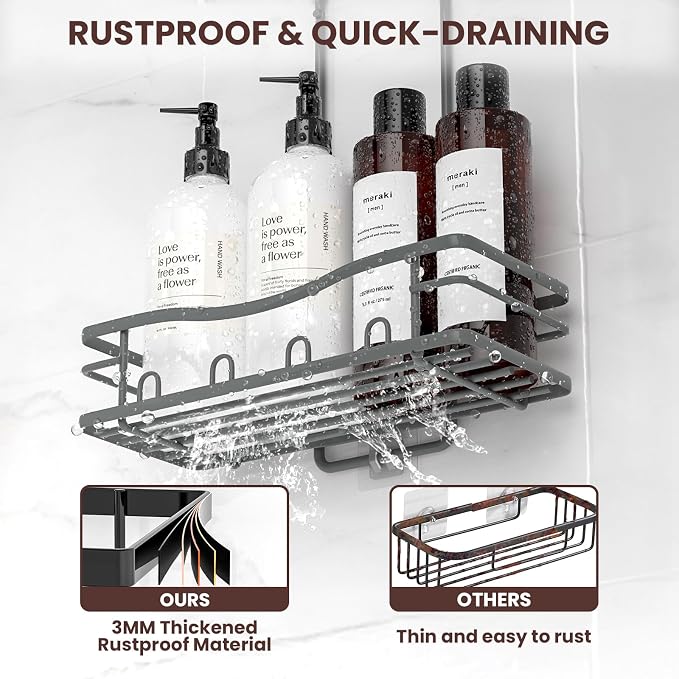 REINHARDT Shower Caddy Hanging, Rustproof Bathroom Caddy Anti-Swing Shower Organizer No Drilling Bath Racks with Soap Holder Multi Hooks Bathroom Storage for Shampoo Sponge, Grey