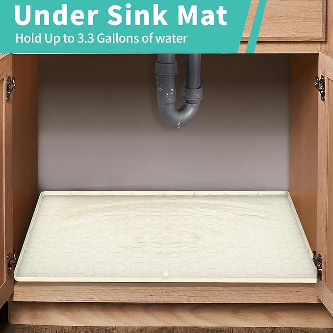 Under Sink Mat for Kitchen Silicone Waterproof Under Sink Liner, Flexible Sink Cabinet Organizer Tray with Drain Hole, Hold up to 3.3 Gallons Liquid, Easy to Clean