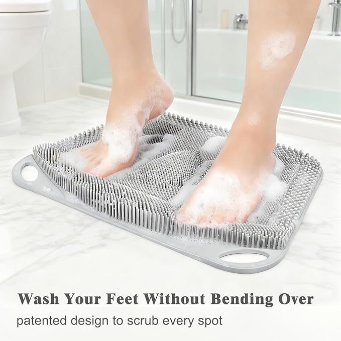 FREATECH Silicone Shower Foot Scrubber Mat 17.3" x 13", Large Foot Cleaner Brush to Clean, Exfoliate and Massage Feet Without Bending Over, Improve Foot Appearance and Overall Health, Grey