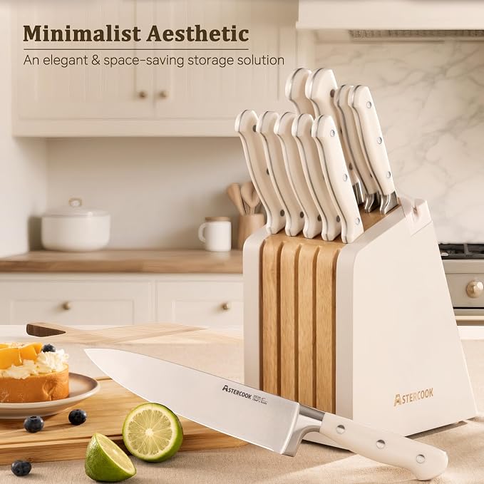 Astercook Knife Set, Kitchen Knife Set with Block and Sharpener, 12 Pcs Ultra-Sharp High Carbon Stainless Steel Knife Block Set with Non-Slip Full Tang Ergonomic Handle, Cream White Cutlery Set