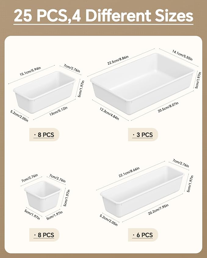 KEMETHY 25 PCS Plastic Drawer Organizers Set, 4 Sizes Vanity Organizer, Makeup and Desk Drawer Organizer Trays, Organization and Storage for Makeup, Bathroom, Kitchen Utensils and Office (White)