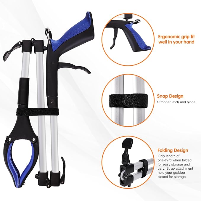 43" Grabber Reacher Tool for Seniors 2 Pack, Foldable Reacher Grabbers Pickup Stick with Anti-Slip 90° Rotating Jaw, 4" Wide Extended Claw with Magnet for Disabled, After Surgery Recovery
