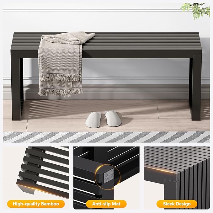 Bamboo Dining Bench, 35-inch Sleek Design Entryway Shoe Rack Bench, Indoor Kitchen Table Bench, Waterproof Outdoor Bench, Black