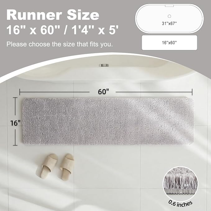 TYUU Light Grey Bathroom Runner Rugs, Ultra Soft Long Bath Mat Machine Washable Super Absorbent Quick Dry Bathroom Runner Rug 16 x 60 Non Slip, Light Grey 16" x 60"
