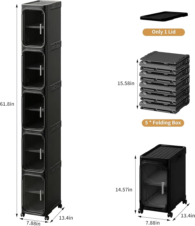 5-Tier Tall Narrow Storage Cabinet, Slim Bathroom Storage Cabinet with Adjustable Shelves and Wheels, Narrow Organizer for Small Space, Bathroom, Kitchen, Laundry, Black