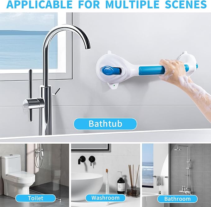 Shower Grab Bars for Seniors 2 Pack,16.8" Suction Shower Handle with Safety Indicator, No-Drill Bathroom Safety Rails for Elderly, Bathtub & Tile/Glass (Blue)