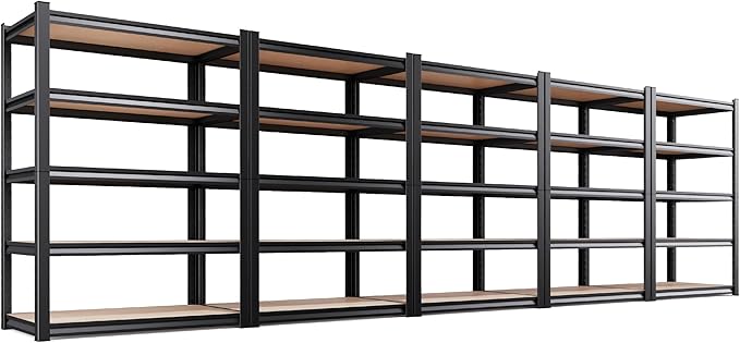 5-Pack Heavy Duty Garage Shelving for Garage, Warehouse & Workshop Organization, 71" H x 45.6" W x 17.7" D 5-Tier Adjustable Metal Storage Rack for Tools, Storage Bins & Bulk Items