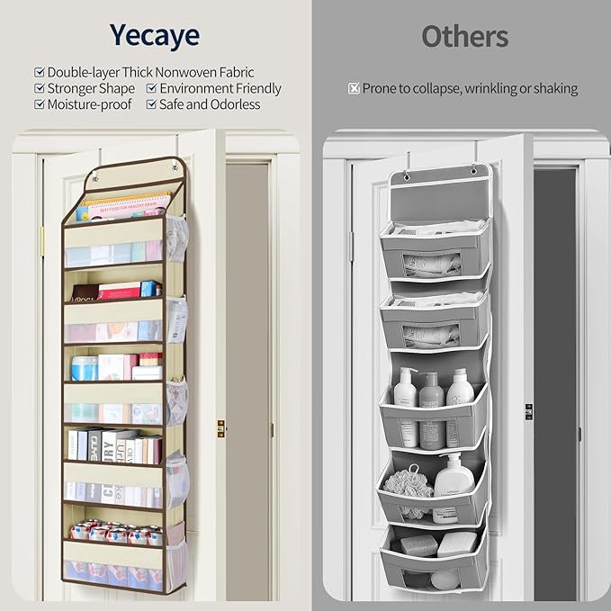 Yecaye Over The Door Organizer Storage, 5-Tier Heavy Duty Door Organizers Hanging with 10 Side Mesh Pockets, 44 lbs Load Capacity Behind Door Storage for Bathroom Nursery Bedroom Dorm Closet,Beige,1Pc