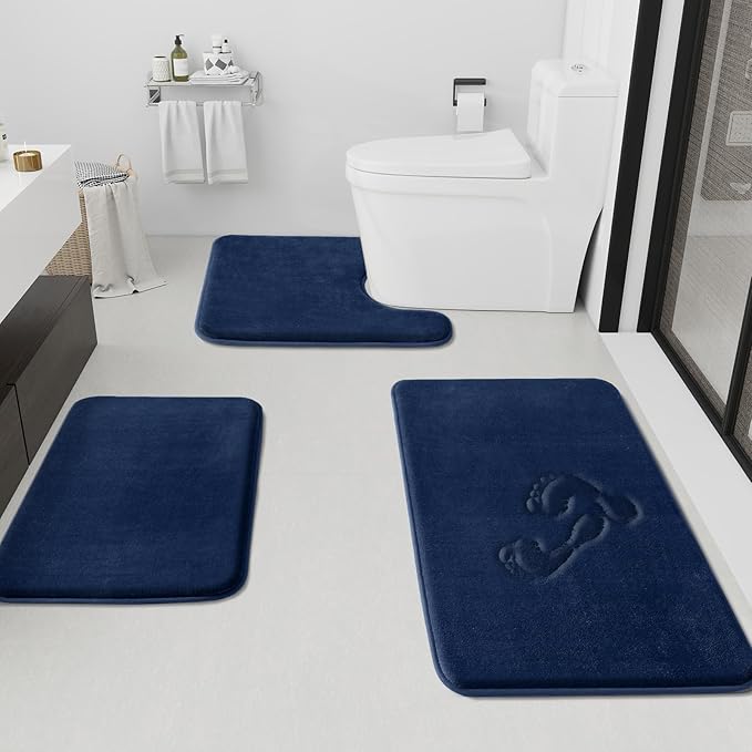 HUXMEYSON Bathroom Rugs Sets 3 Piece, Non-Slip & Quick Dry Bath Mat Set, Ultra Soft Velvet Bath Rugs for Bathroom, Toilet and Shower Floor, Navy