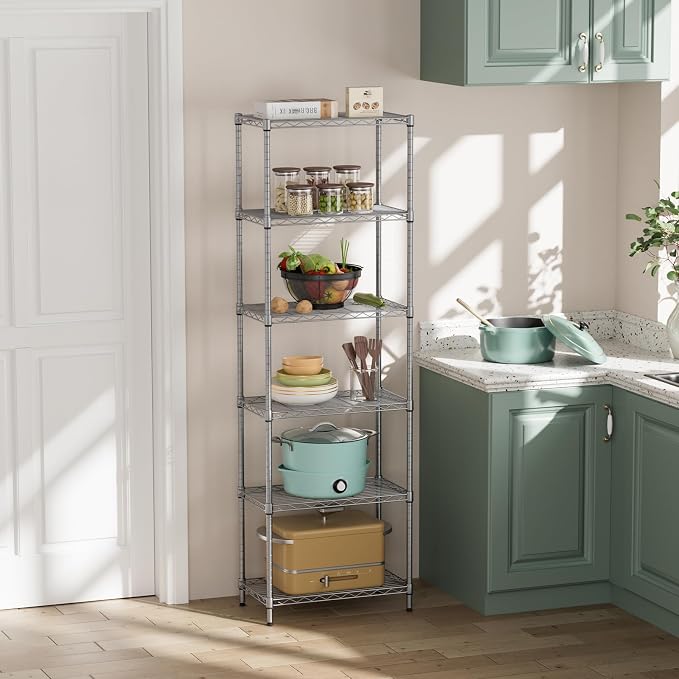 SINGAYE 6 Shelf Wire Shelving Unit Adjustable Metal Shelves Standing Bathroom Organizers and Storage Wire Closet Metal Pantry Kitchen 12" DX22 W 69.5" H Gray