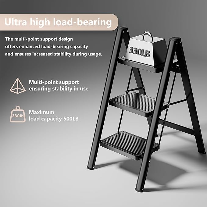 Step Ladder 3 Step Folding, Sturdy 330 Lbs Small Step Stool for Adults, Closet Step Stool Ladder with Anti-Slip Wide Pedals, Portable Folding Ladder for Home Kitchen Office