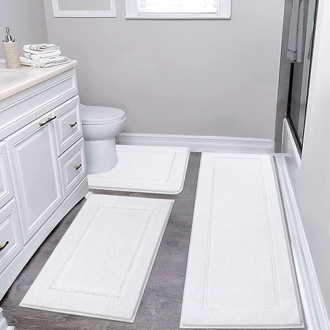 Pauwer Bathroom Rug Sets - 3 Piece Shower Rugs with U-Shaped Contour Toilet Mat, Microfiber Plush Absorbent Bath Mats, Non Slip, Machine Washable Shaggy Floor Carpet, White