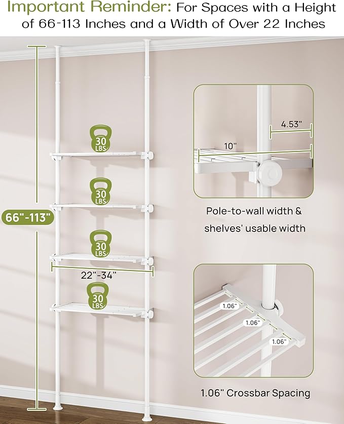 ALLZONE Adjustable Over The Toilet Storage Shelf, 4-Tier Ample Bathroom Organizer and Storage, Tension Mounted Above Toilet Storages Cabinet for Versatility, Fits 66-113 Inch Heights, White