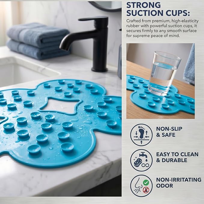 Patented Webos Non Slip Bathtub Mat Shower Mat Bath Mat Tub Mats with Strong Suction Cups Soft Natural Rubber Bath Mat for Inside The tub (Circle-Blue, 28x16 inch)