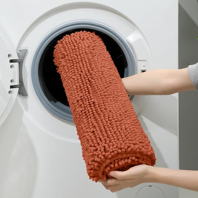 HOMEIDEAS 3 Pieces Bathroom Rugs, Ultra Soft Non Slip Absorbent Chenille Toilet Bath Mat Set (Burnt Orange)