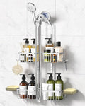 Adjustable Shower Caddy Hanging - Never Rust Shower Organizer Hanging, Aluminum Shower Racks for Inside Shower - Bathroom Organizers and Storage with 2 Soap Holders and 2 Removable Hooks, Silver