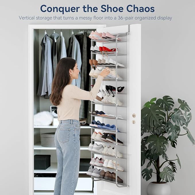 Whitmor 36 Pair Over The Door Shoe Organizer, 12 Tier Hanging Shoe Organizer, Heavy Duty Metal & Mesh Shoe Holder, Hanging Shoe Rack for Closet Organizer & Storage, 74"H x 21.7"W x 7.5"D, Grey
